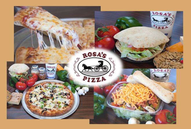 Images of pizza, chicken sandwich, and chicken salads at Rosas in Bigfork, 
        home of the best pizza in Bigfork